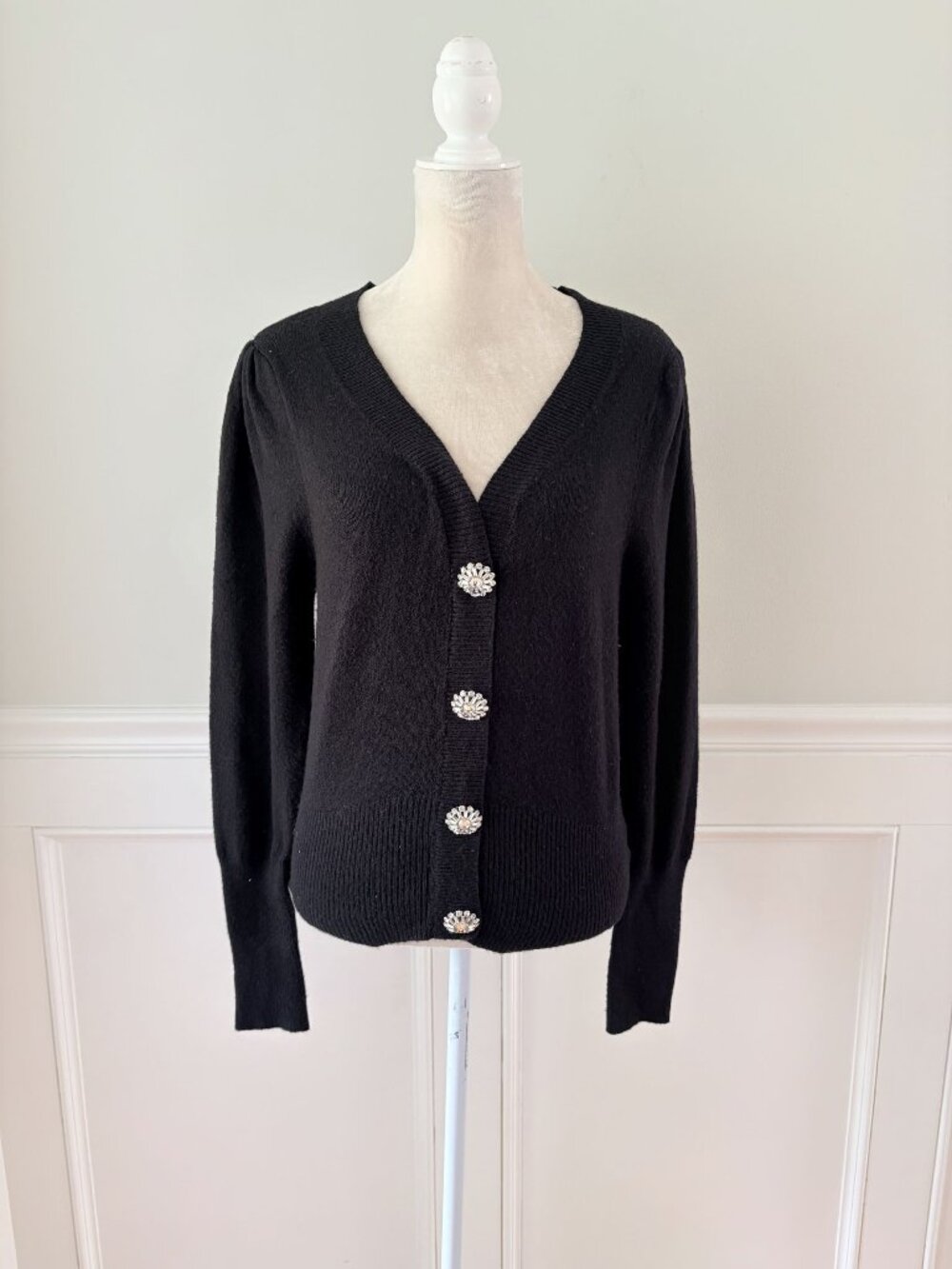 Express Black Cardigan Sweater With Rhinestone Buttons V-Neck Ribbed Hem Size S